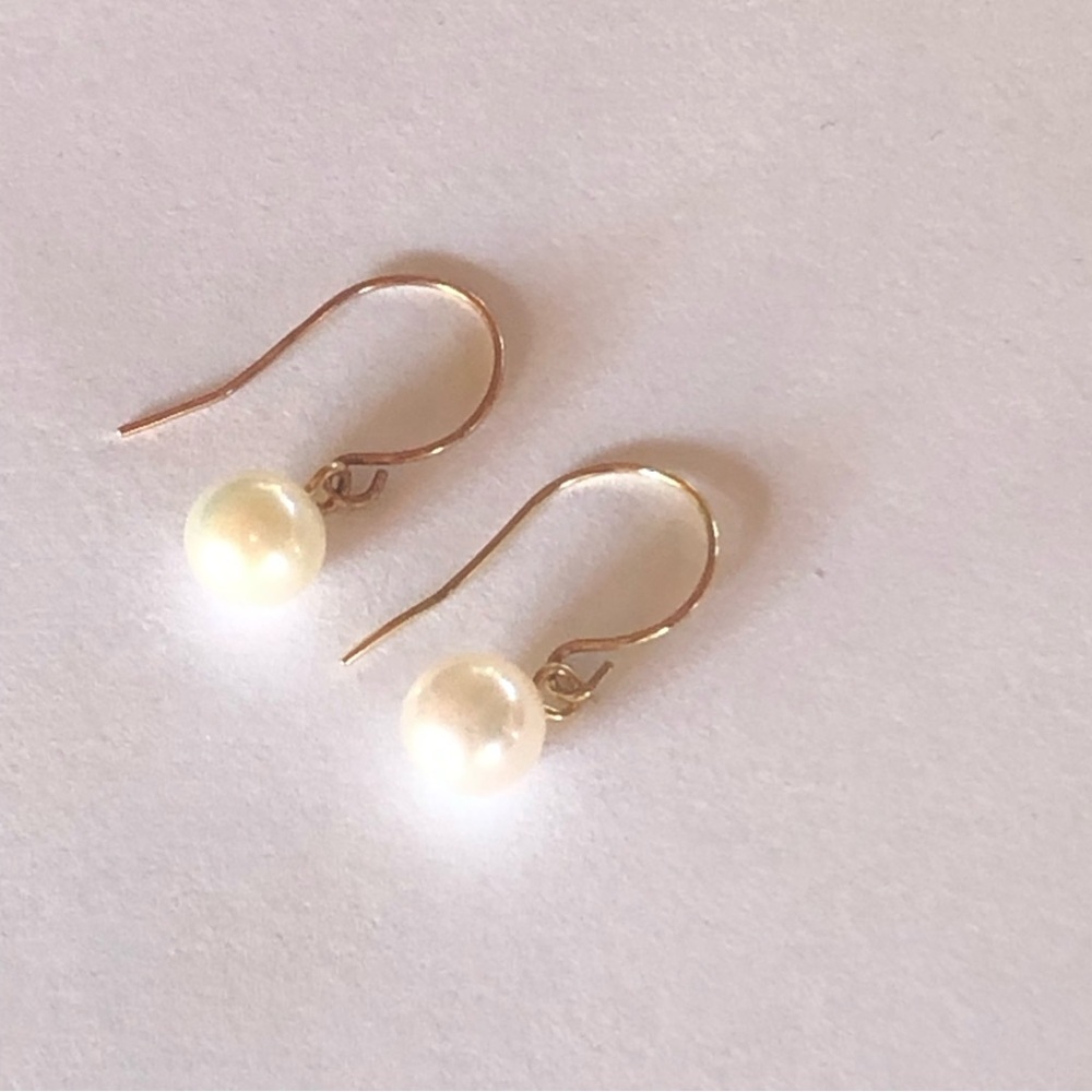 14k Solid Gold Pearl Dangle Earrings